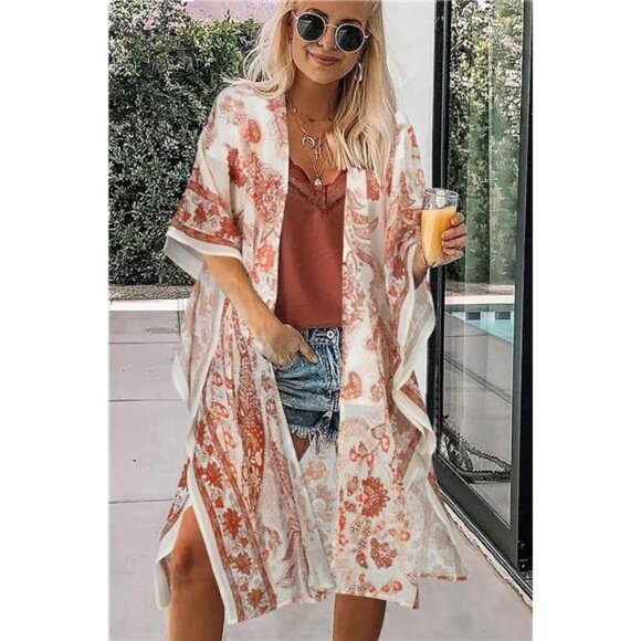 Boho Orange Paisley Printed‎ Cardigan Long Kimono Duster Bikini Swimsuit Coverup - Picture 1 of 6